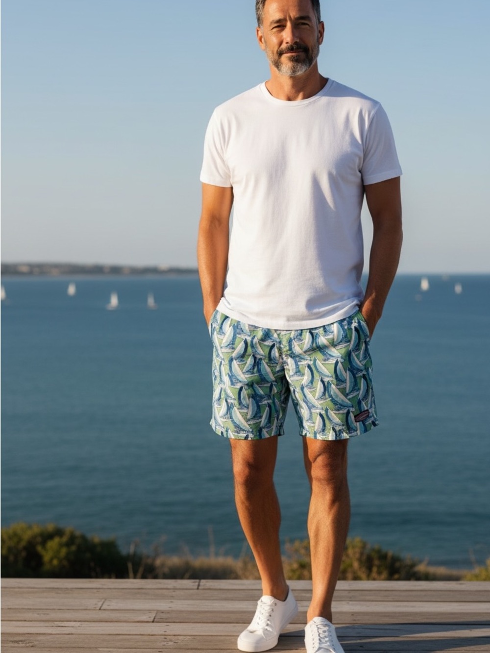 Vineyard Vines White Tee with Green & Blue Sailboat Swim Trunks